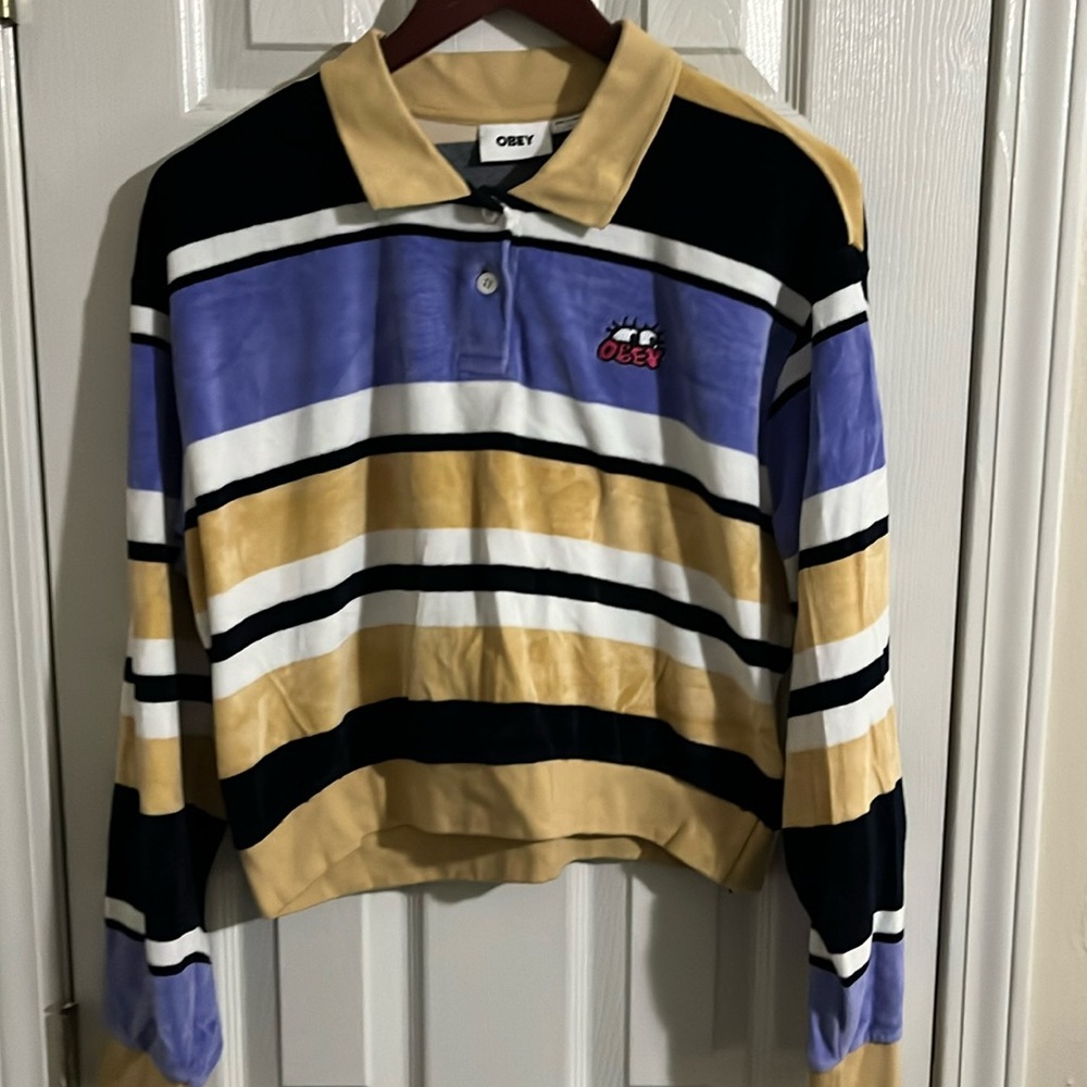 OBEY Women’s Velvetlike Striped Cropped Top/ Polo Shirt - size Large.